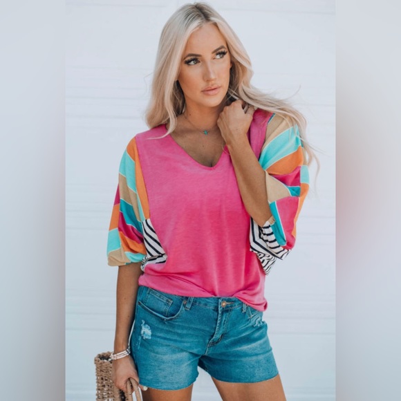 “Katie” Rose stripe color block bubble sleeve top - Picture 3 of 5